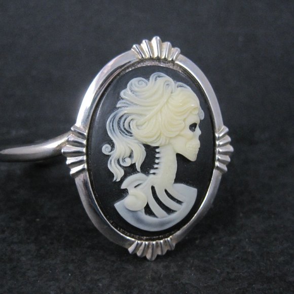 Goth Skeleton Cameo Cuff Bracelet 6.25 Inches - Picture 3 of 7